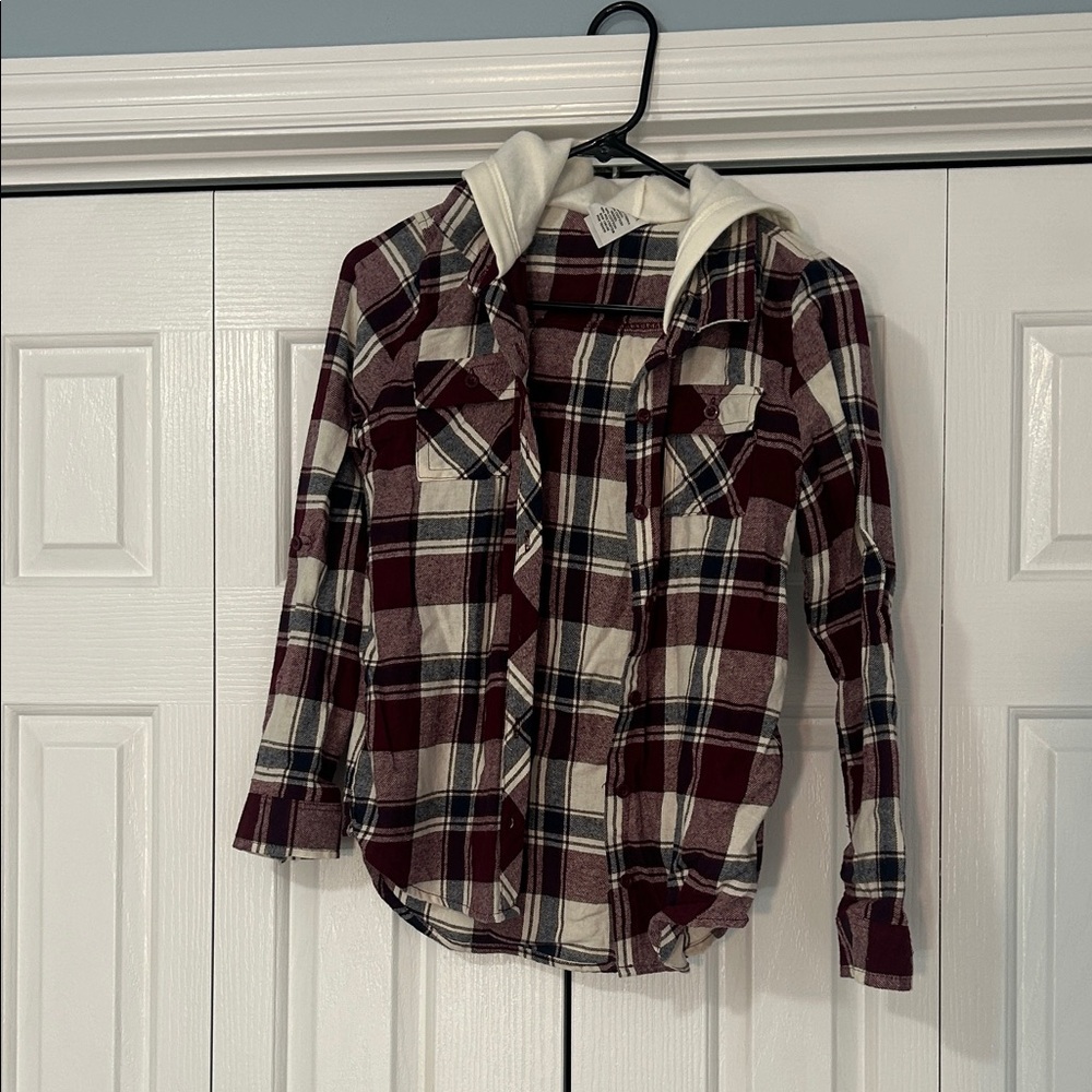 Plaid Button Down Kids Shirt with White Hood